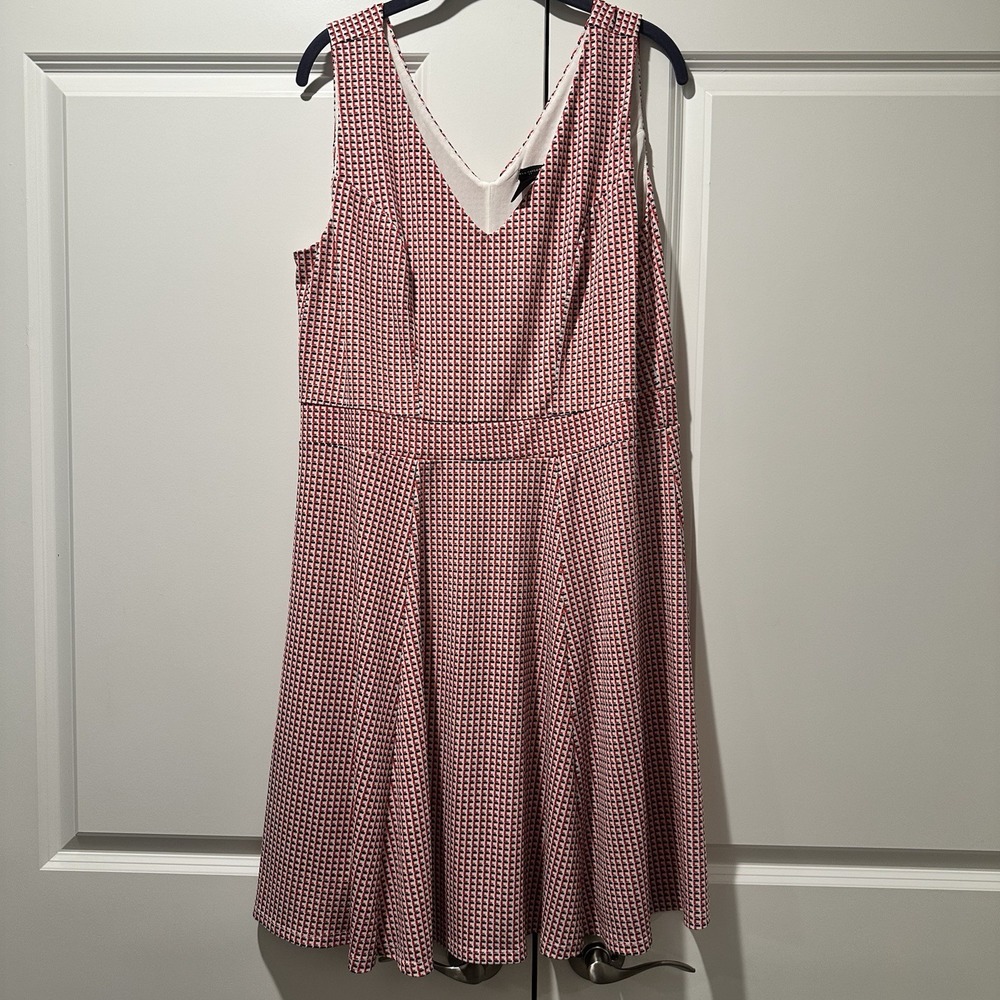 Ann Taylor Red Navy Geometric Print V-Neck Fit and Flare Dress Womens 18